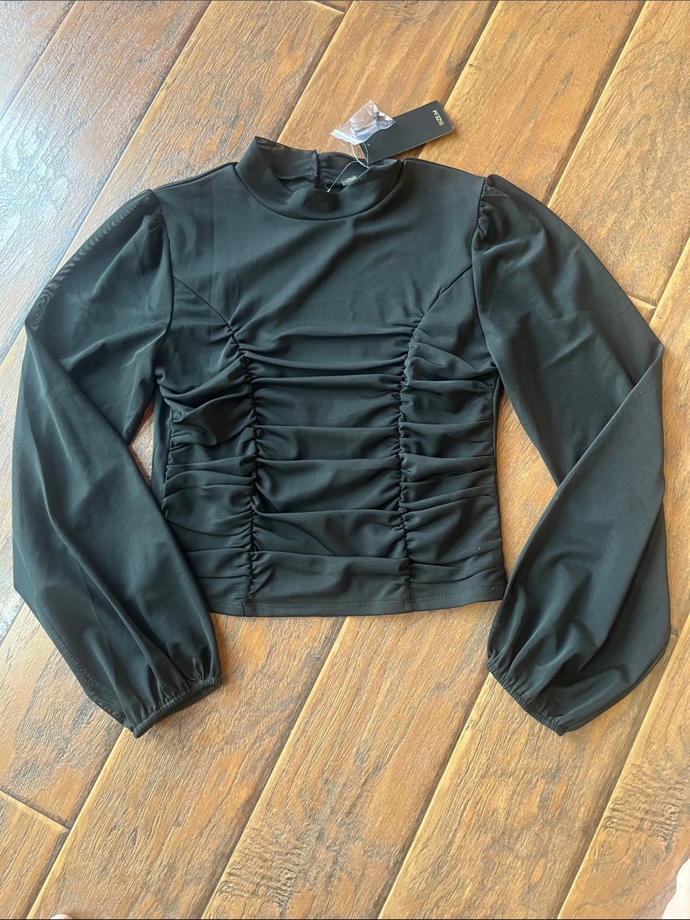 Shinestar Black Long Sleeve Ruched Front Top